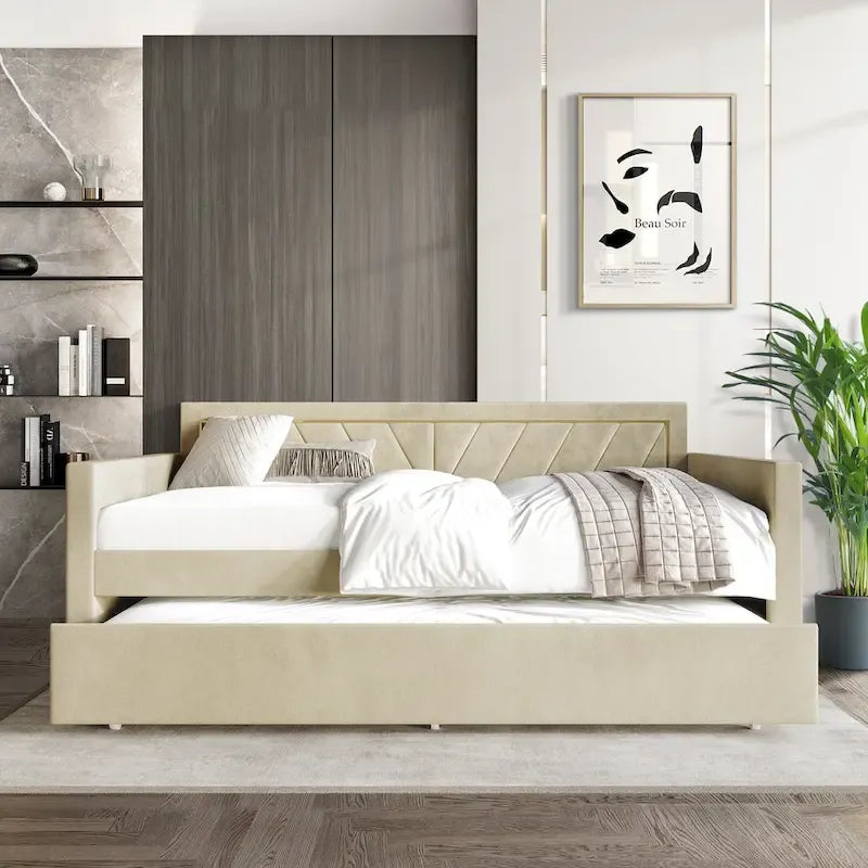 Glam Velvet Upholstered Daybed with Gold PU Stitched Back Panel