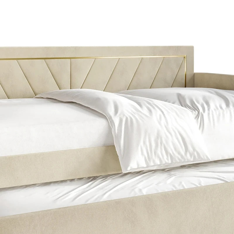 Glam Velvet Upholstered Daybed with Gold PU Stitched Back Panel