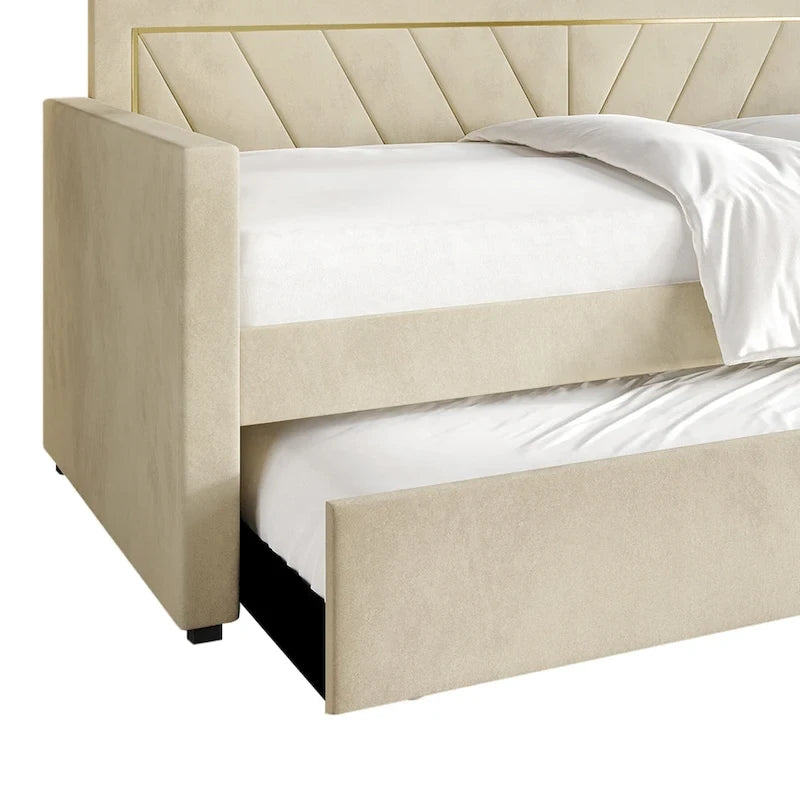 Glam Velvet Upholstered Daybed with Gold PU Stitched Back Panel