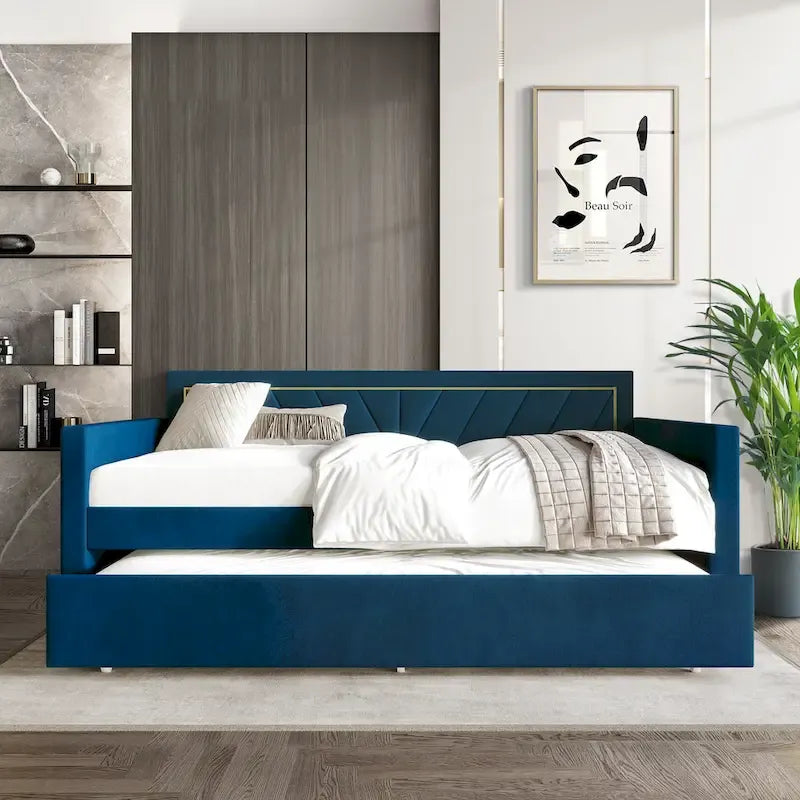 Glam Velvet Upholstered Daybed with Gold PU Stitched Back Panel