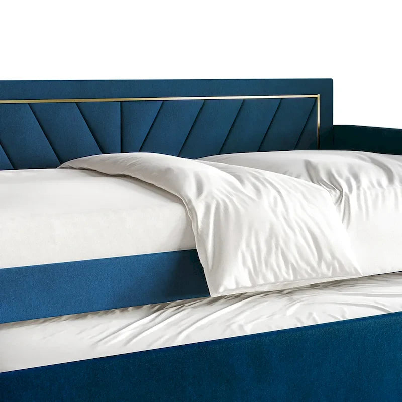 Glam Velvet Upholstered Daybed with Gold PU Stitched Back Panel