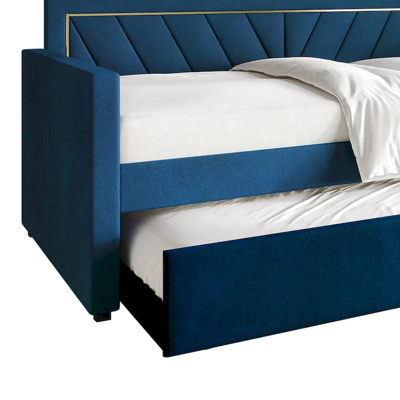 Glam Velvet Upholstered Daybed with Gold PU Stitched Back Panel