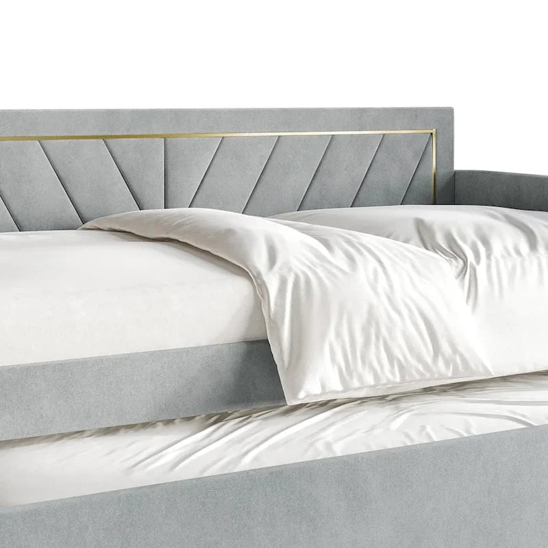 Glam Velvet Upholstered Daybed with Gold PU Stitched Back Panel