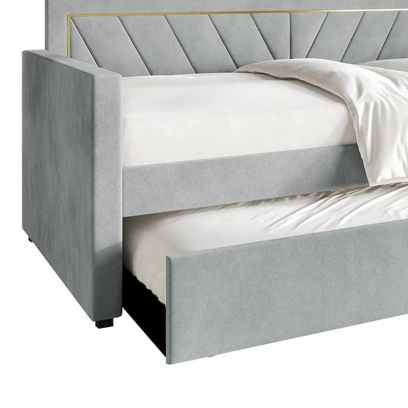 Glam Velvet Upholstered Daybed with Gold PU Stitched Back Panel