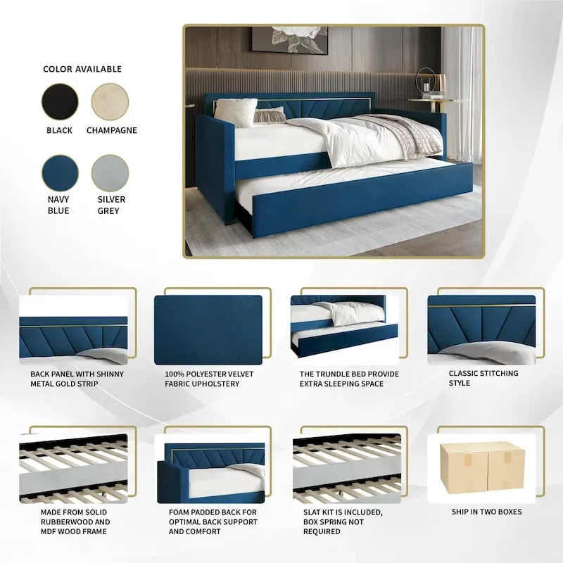 Glam Velvet Upholstered Daybed with Gold PU Stitched Back Panel