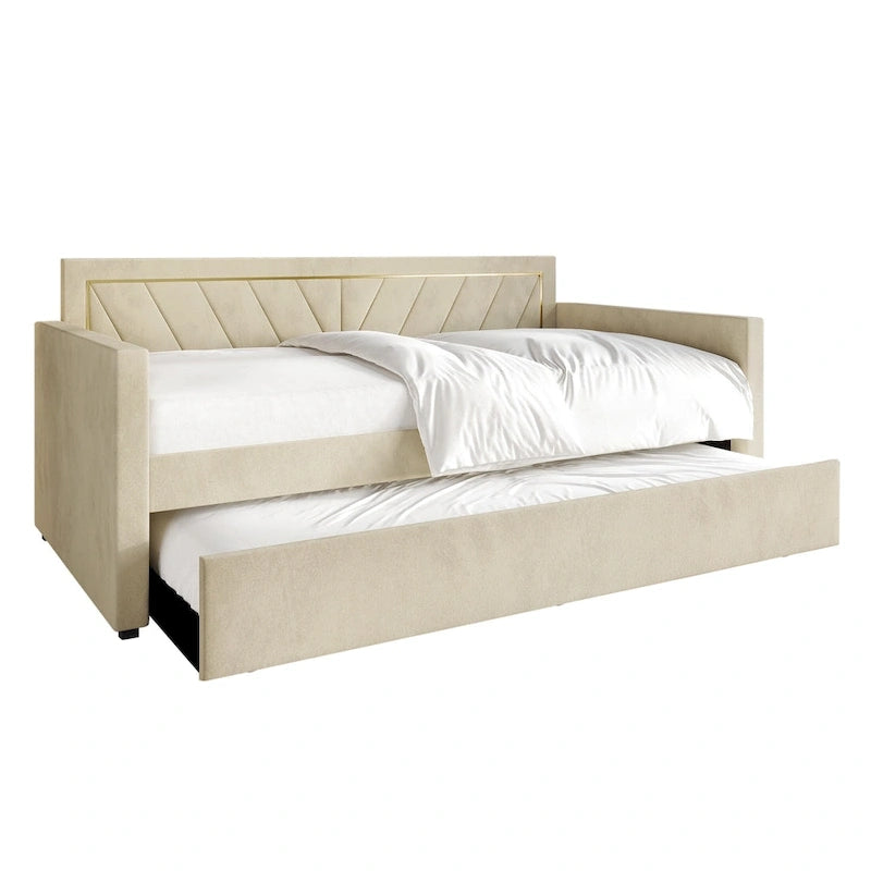 Glam Velvet Upholstered Daybed with Gold PU Stitched Back Panel