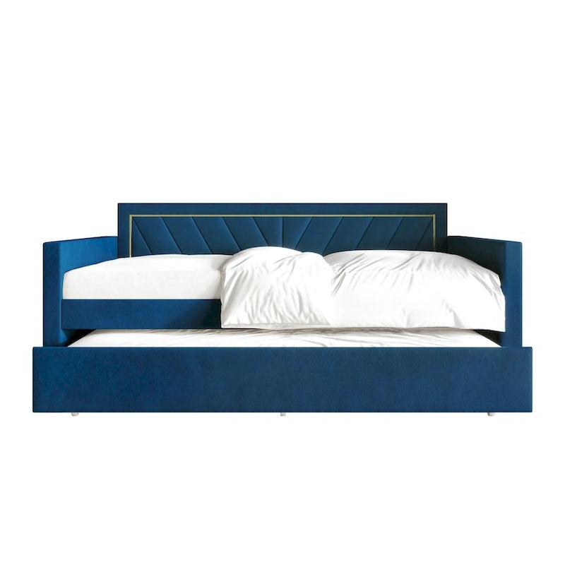 Glam Velvet Upholstered Daybed with Gold PU Stitched Back Panel