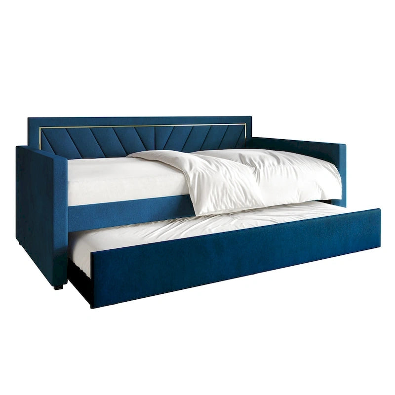 Glam Velvet Upholstered Daybed with Gold PU Stitched Back Panel