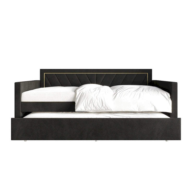 Glam Velvet Upholstered Daybed with Gold PU Stitched Back Panel