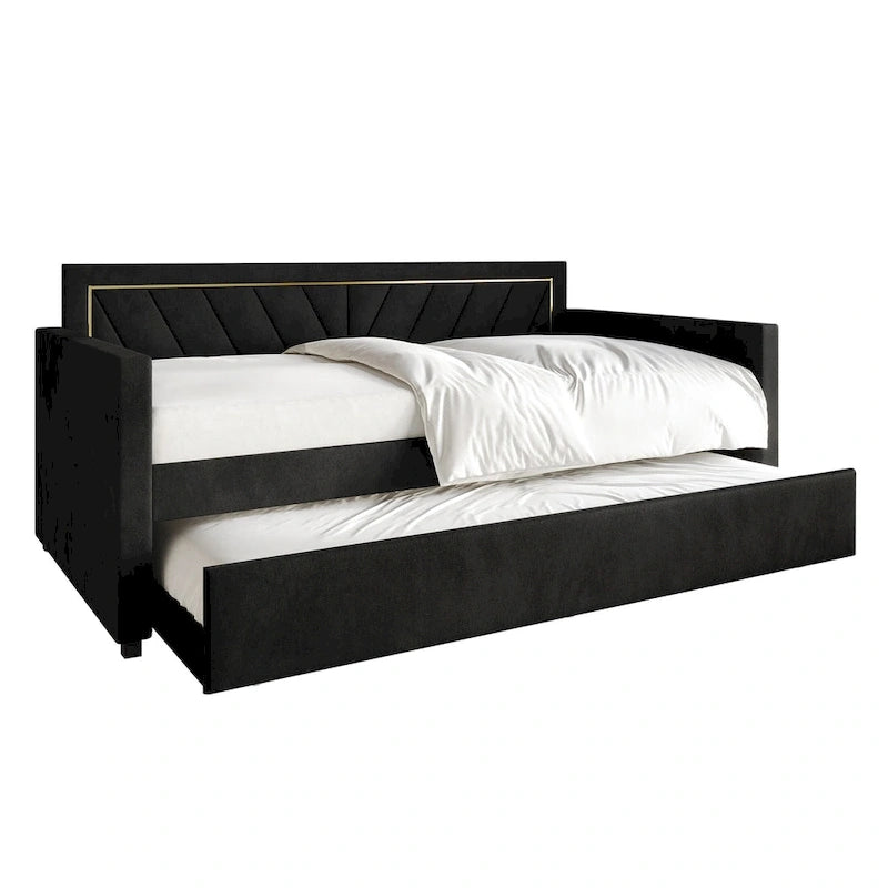 Glam Velvet Upholstered Daybed with Gold PU Stitched Back Panel