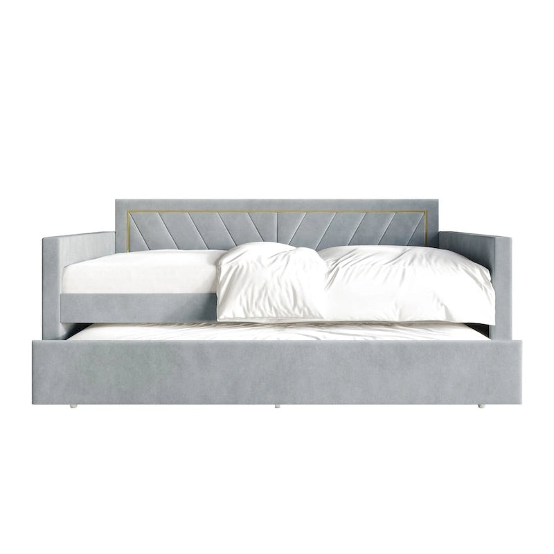 Glam Velvet Upholstered Daybed with Gold PU Stitched Back Panel