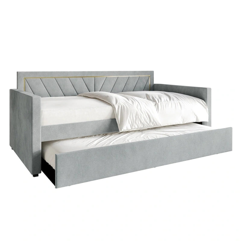 Glam Velvet Upholstered Daybed with Gold PU Stitched Back Panel