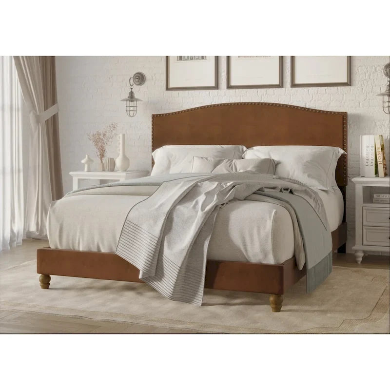 Brown Faux Leather Upholstered Platform Bed with Nailhead Trim Headboard