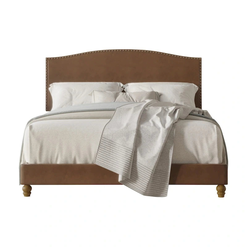 Brown Faux Leather Upholstered Platform Bed with Nailhead Trim Headboard