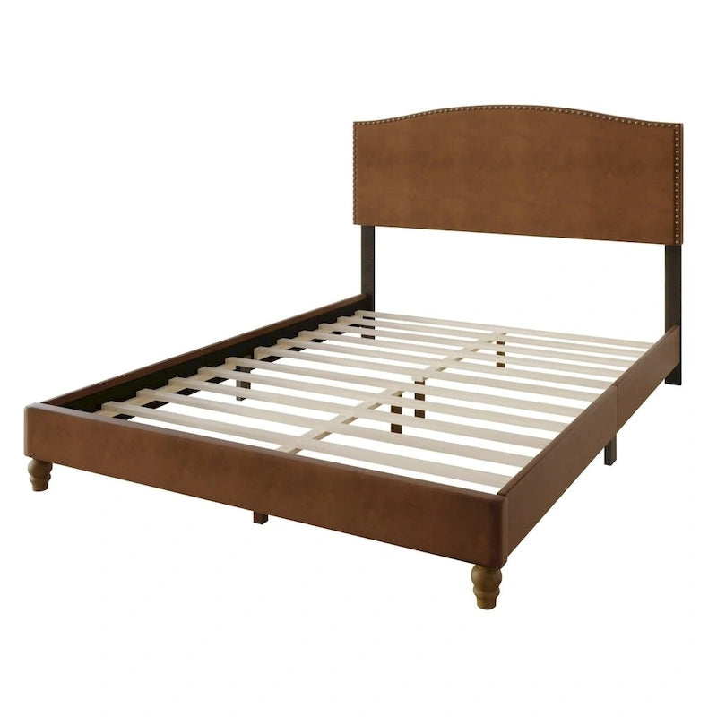 Brown Faux Leather Upholstered Platform Bed with Nailhead Trim Headboard