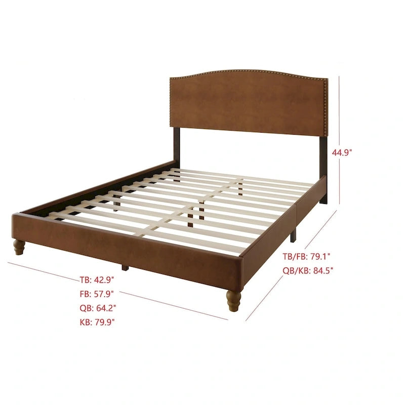 Brown Faux Leather Upholstered Platform Bed with Nailhead Trim Headboard