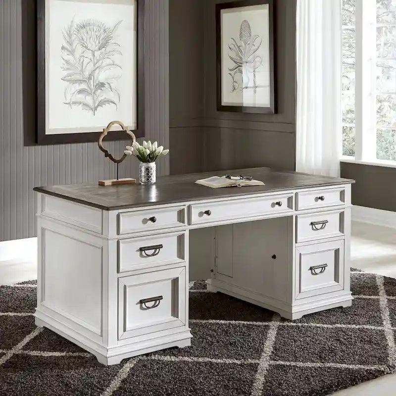 Rustic Two-Tone White Charcoal Executive Desk with Locking File Drawers