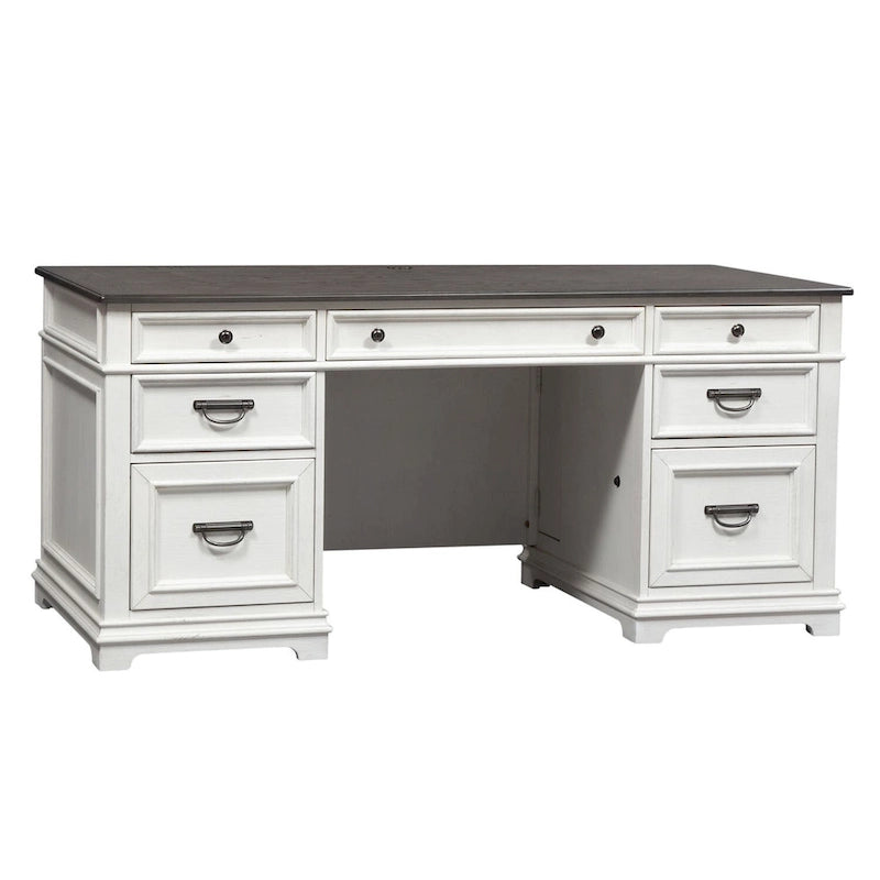 Rustic Two-Tone White Charcoal Executive Desk with Locking File Drawers