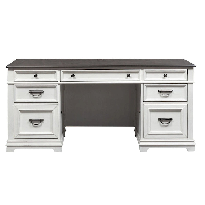 Rustic Two-Tone White Charcoal Executive Desk with Locking File Drawers