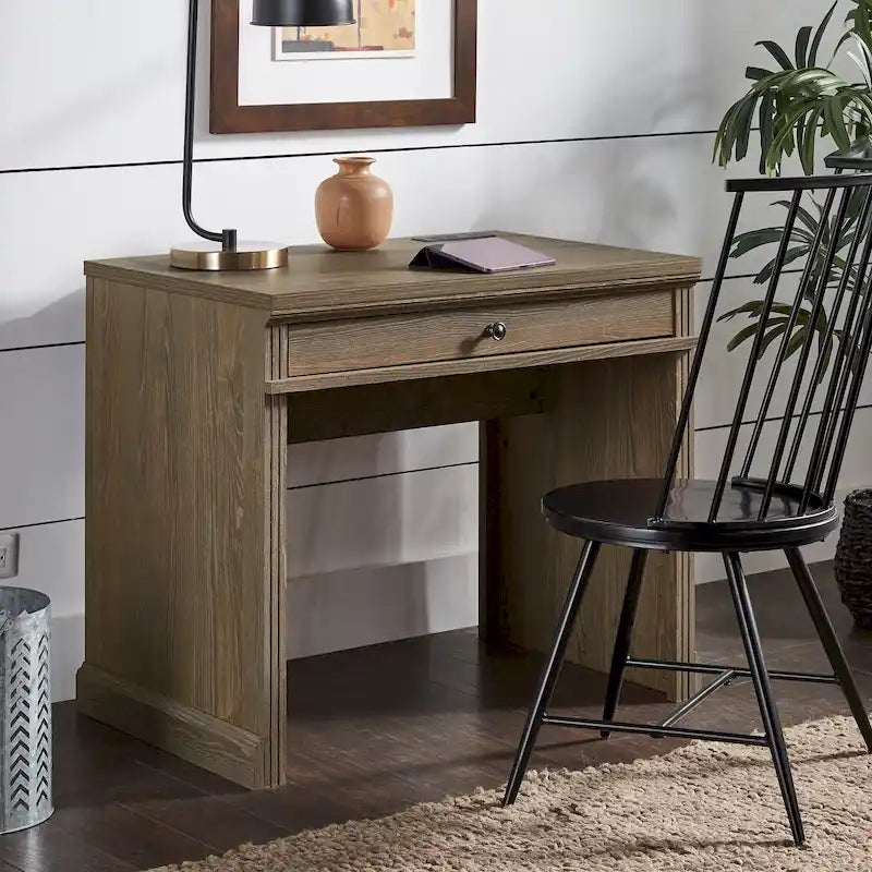 35 in. Writing Desk with USB Charger and Center Drawer, Vintage Wood Finish
