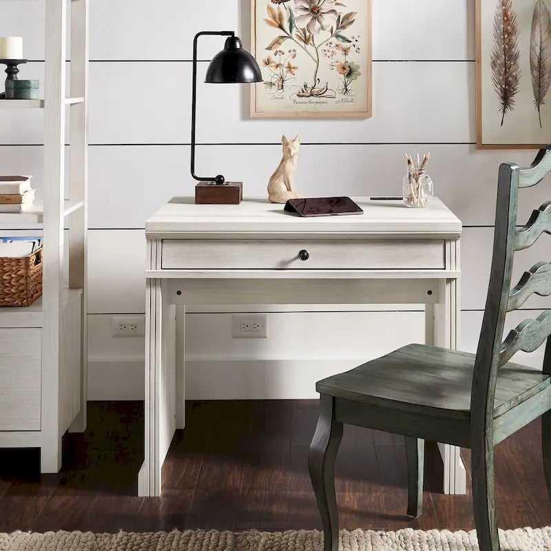 35 in. Writing Desk with USB Charger and Center Drawer, Vintage Wood Finish