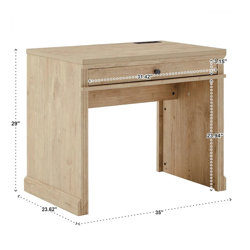 35 in. Writing Desk with USB Charger and Center Drawer, Vintage Wood Finish