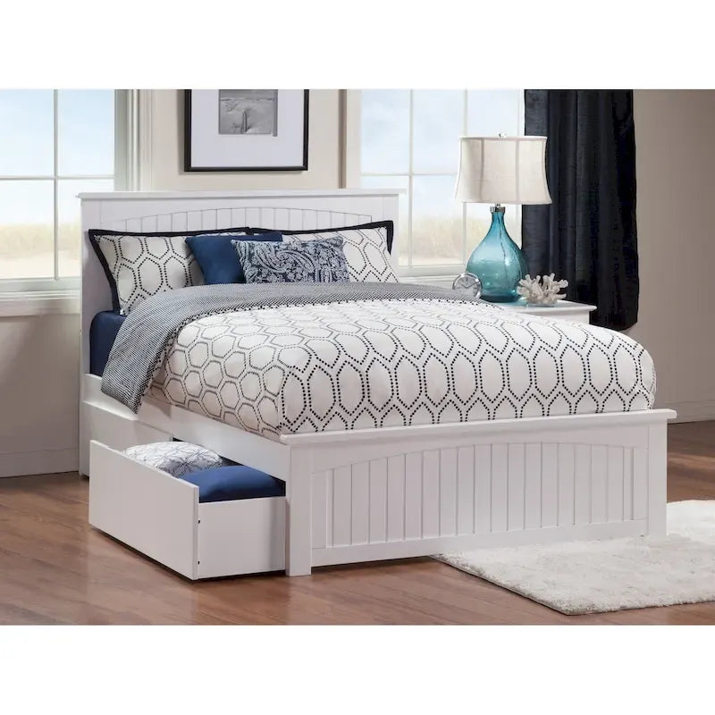 White Queen Platform Bed with Under-Bed Storage Drawers Solid Wood Cottage Style