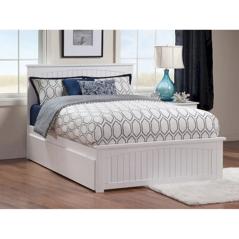White Queen Platform Bed with Under-Bed Storage Drawers Solid Wood Cottage Style