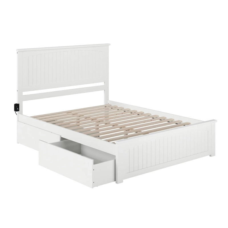 White Queen Platform Bed with Under-Bed Storage Drawers Solid Wood Cottage Style