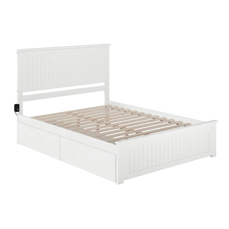 White Queen Platform Bed with Under-Bed Storage Drawers Solid Wood Cottage Style
