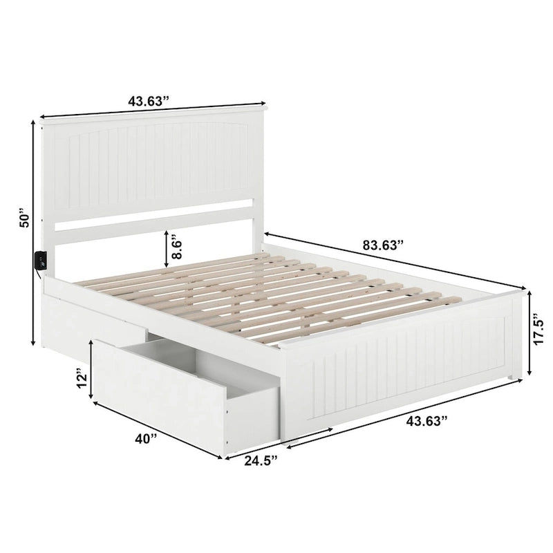 White Queen Platform Bed with Under-Bed Storage Drawers Solid Wood Cottage Style