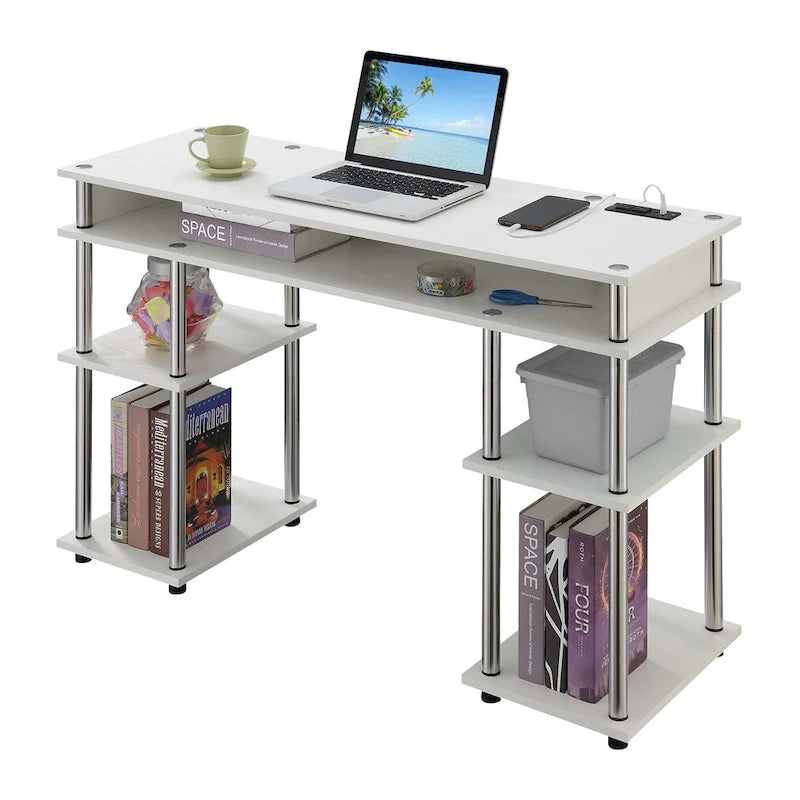 No-Tool-Assembly Student Desk with Charging Station and Multi-Level Shelves