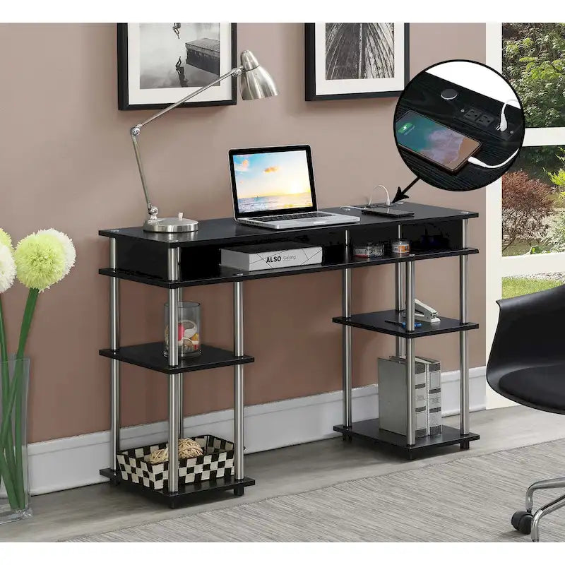 No-Tool-Assembly Student Desk with Charging Station and Multi-Level Shelves