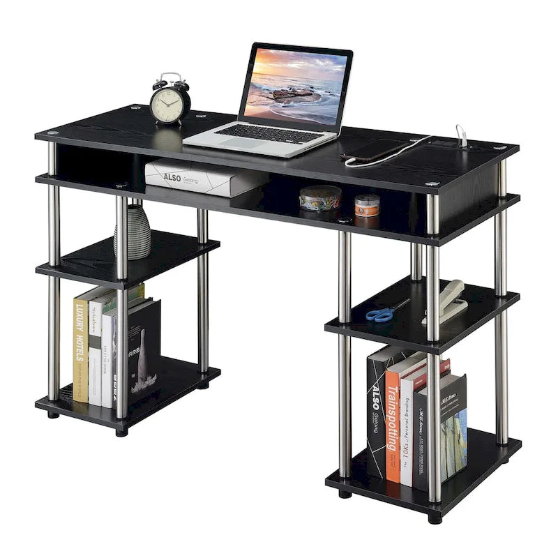 No-Tool-Assembly Student Desk with Charging Station and Multi-Level Shelves