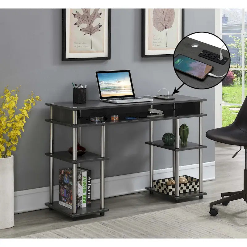 No-Tool-Assembly Student Desk with Charging Station and Multi-Level Shelves