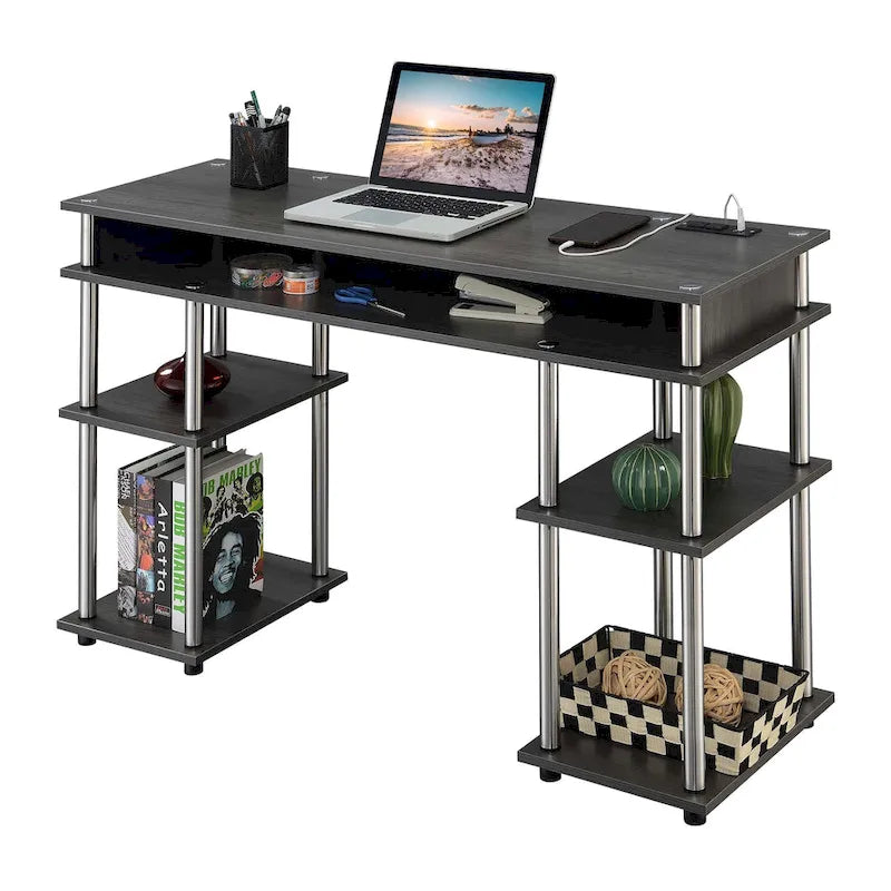 No-Tool-Assembly Student Desk with Charging Station and Multi-Level Shelves