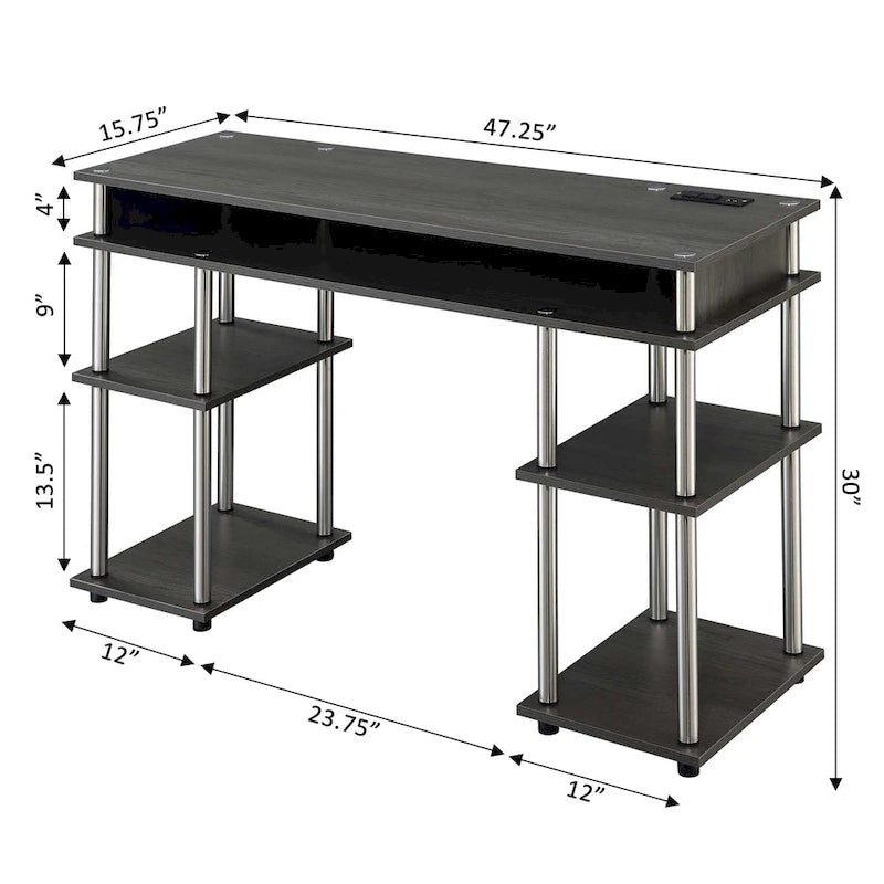 No-Tool-Assembly Student Desk with Charging Station and Multi-Level Shelves