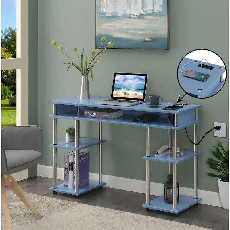 No-Tool-Assembly Student Desk with Charging Station and Multi-Level Shelves
