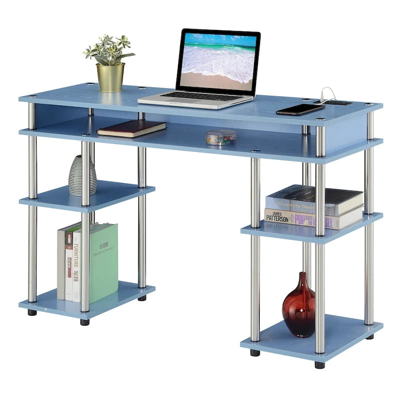 No-Tool-Assembly Student Desk with Charging Station and Multi-Level Shelves