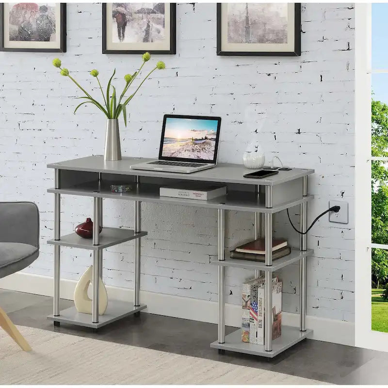 No-Tool-Assembly Student Desk with Charging Station and Multi-Level Shelves