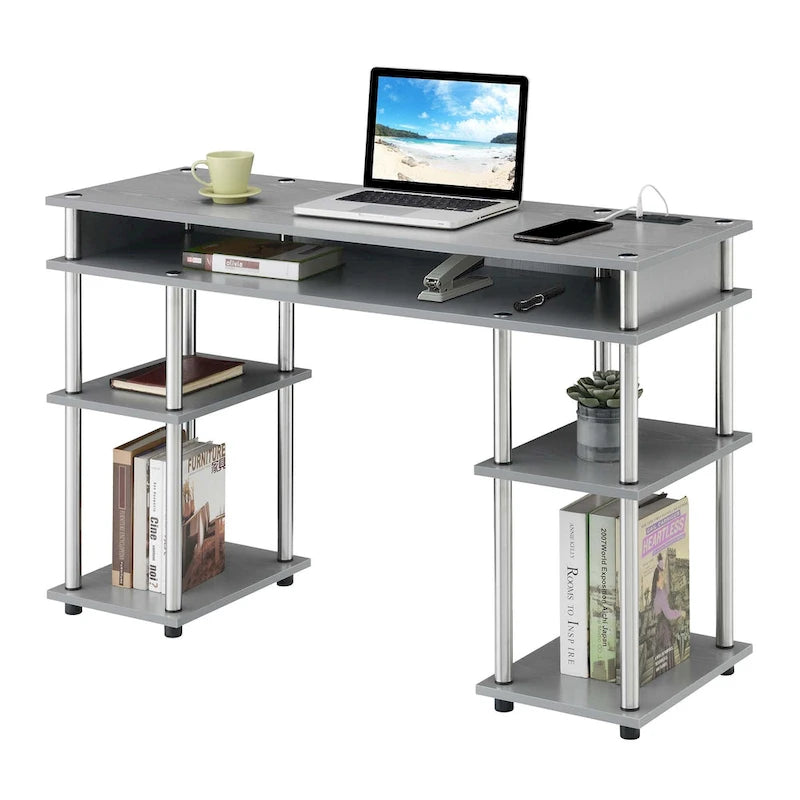 No-Tool-Assembly Student Desk with Charging Station and Multi-Level Shelves