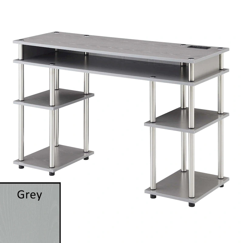 No-Tool-Assembly Student Desk with Charging Station and Multi-Level Shelves