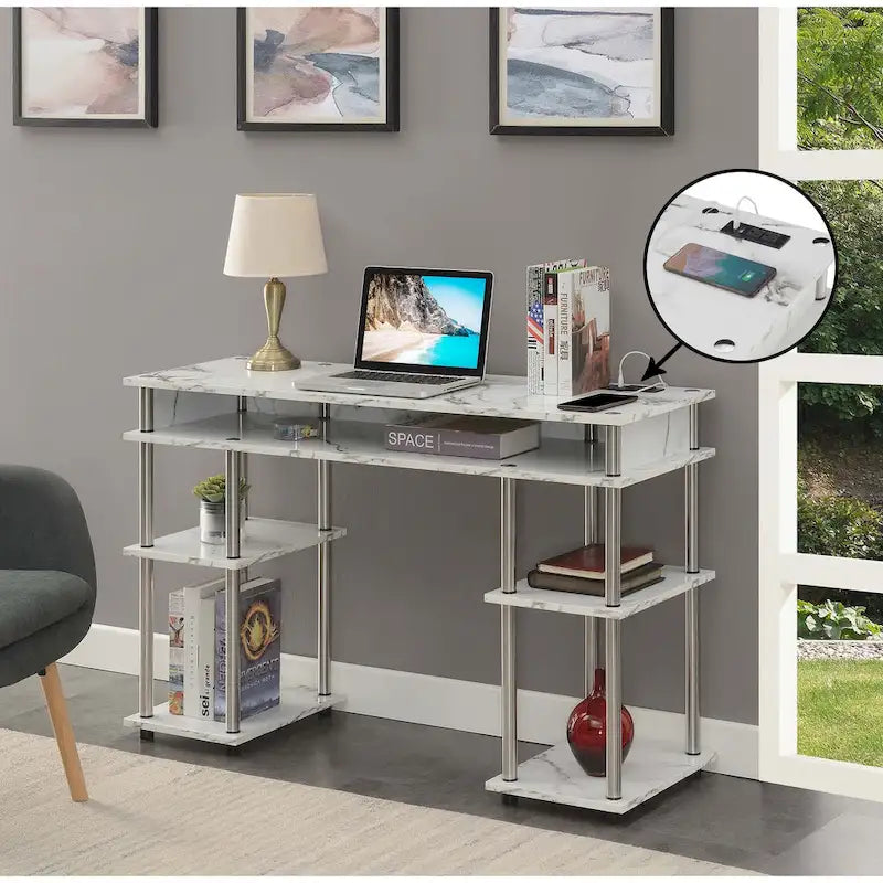 No-Tool-Assembly Student Desk with Charging Station and Multi-Level Shelves