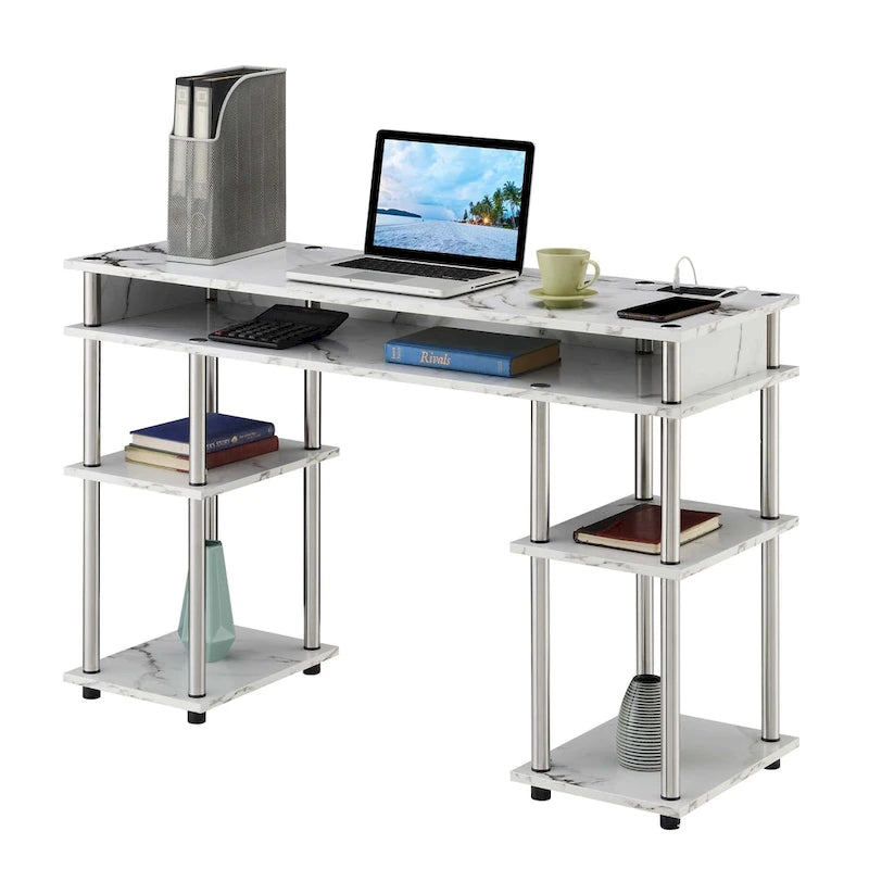 No-Tool-Assembly Student Desk with Charging Station and Multi-Level Shelves