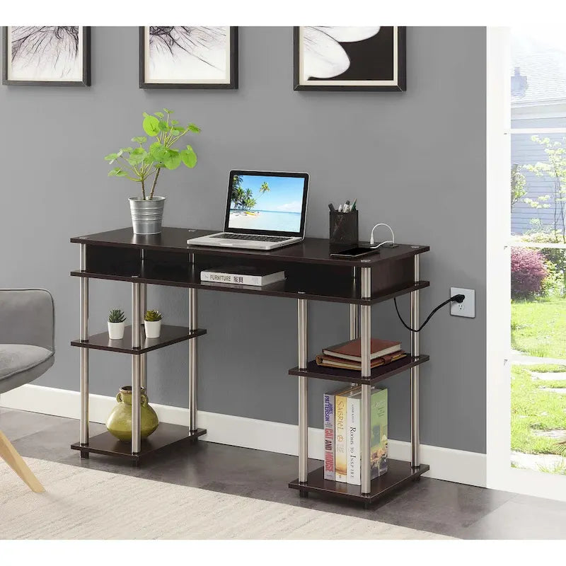 No-Tool-Assembly Student Desk with Charging Station and Multi-Level Shelves