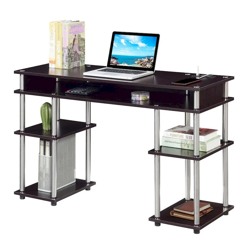 No-Tool-Assembly Student Desk with Charging Station and Multi-Level Shelves
