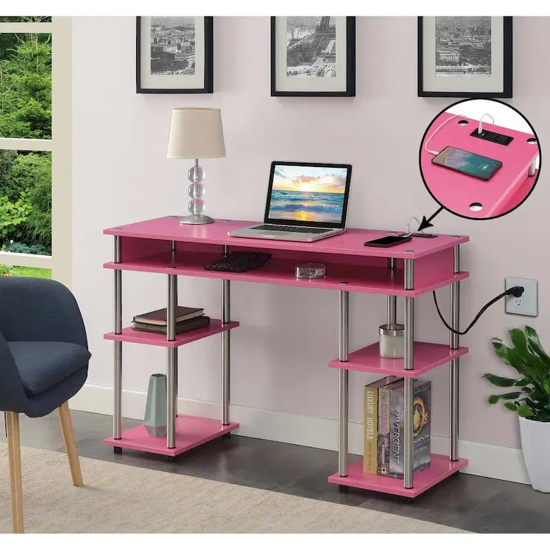 No-Tool-Assembly Student Desk with Charging Station and Multi-Level Shelves
