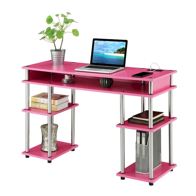 No-Tool-Assembly Student Desk with Charging Station and Multi-Level Shelves