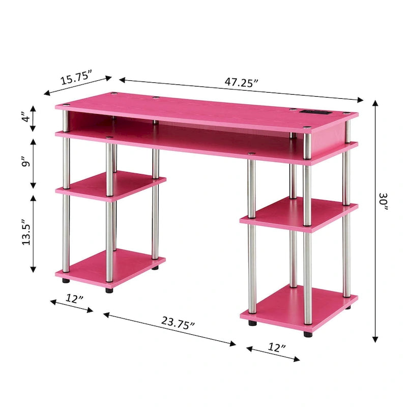 No-Tool-Assembly Student Desk with Charging Station and Multi-Level Shelves