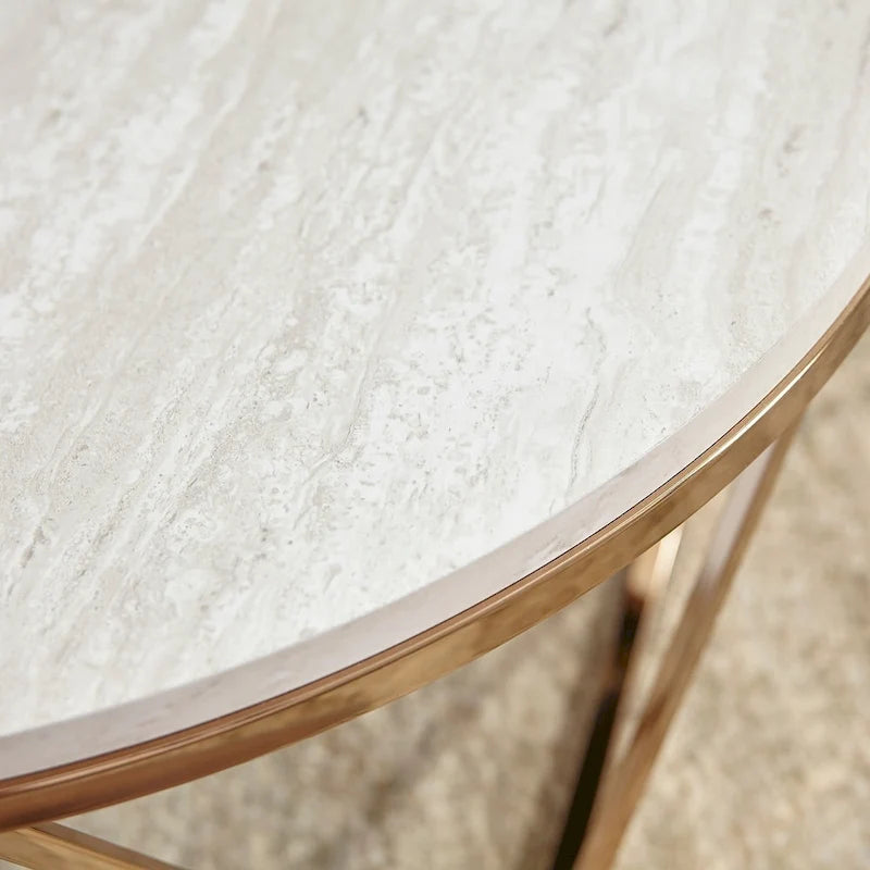 Round Faux Marble Coffee Table with Gold Geometric Metal Base